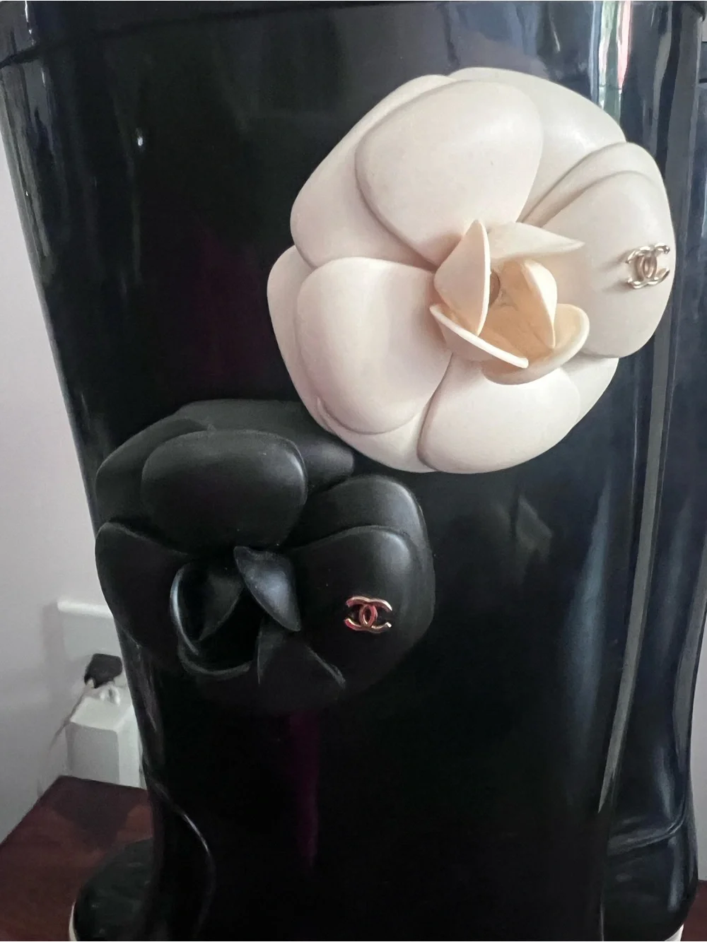 Women's Black Rain Boots with Cream and Black Camellias - Picture 11 of 11